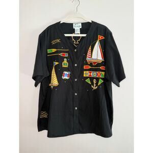 VTG 90s Women Quacker Factory Black Nautical Sailing Short Sleeve Button Plus 2X